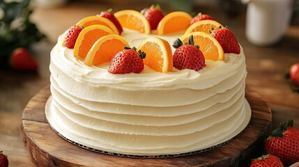 A round vanilla cake with a smooth frosting, topped with alternating orange slices and strawberries, presented on a rustic wooden board