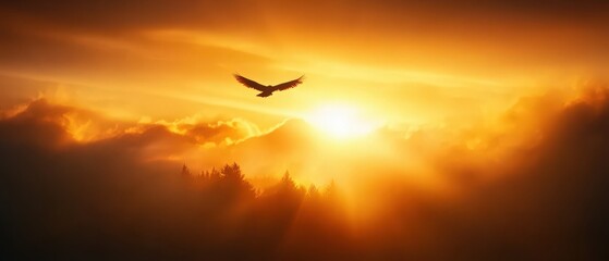 Majestic bird soaring through a golden sunset, surrounded by clouds and mountains, symbolizing freedom and tranquility.