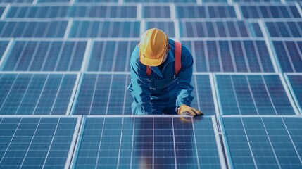 Maintenance engineer inspecting solar panels For the production of renewable energy electricity
