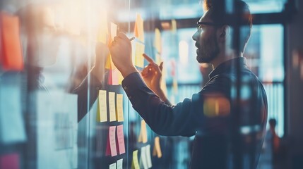 Business colleagues brainstorm using sticky notes and write on glass wall in modern office