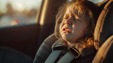 Crying girl sitting in a car seat