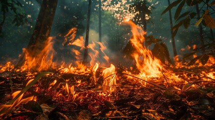 A forest fire raged in an area covered with dry leaves and trees in a tropical rainforest.