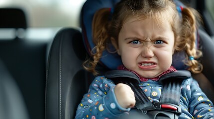 Crying girl sitting in a car seat