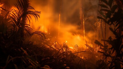 A forest fire raged in an area covered with dry leaves and trees in a tropical rainforest.