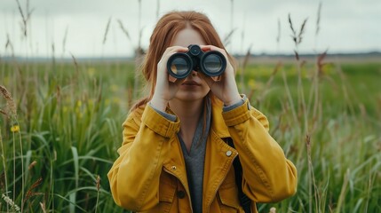 Female hands holding binoculars in a green field