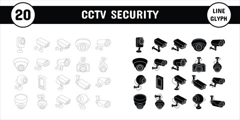 CCTV Security Line Glyph Vector Illustration Icon Sticker Set Design Materials