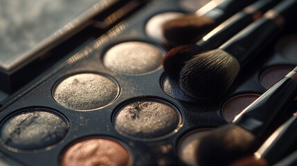 Close-up of makeup eyeshadow palette and makeup brushes