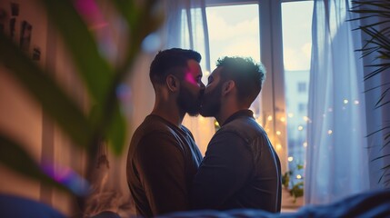 A happy gay couple kissing in the bedroom.