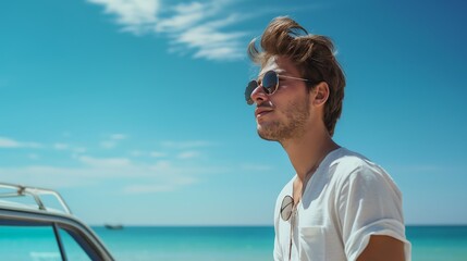 Young man wearing sunglasses standing near a car on the beach by the sea Traveling, traveling, relaxing on holidays