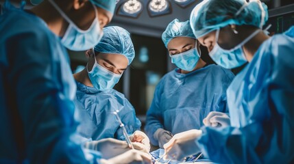 A team of doctors performing surgery on a patient in a hospital operating room.
