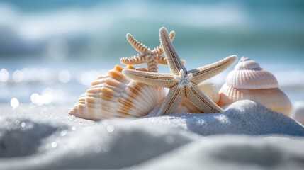 Close-up of seashells and starfish on the sandy beach. On a clean white sandy beach.