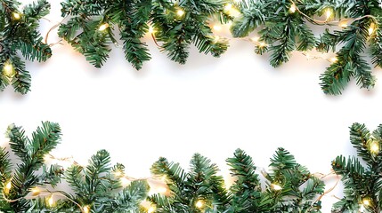 Pine branches and Christmas lights for New Year or Christmas on white background.