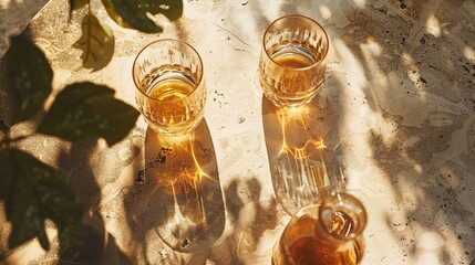 07240954 17. Top view of a table with two glasses of alcohol drink and a bottle, bathed in soft sunlight casting aesthetic shadows, capturing a chic and leisurely lifestyle moment