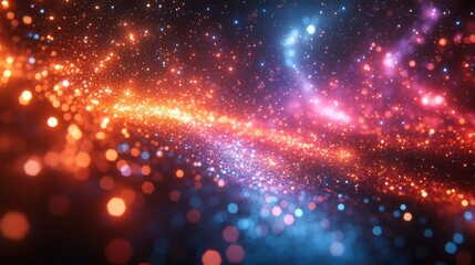 Obraz premium 3D animation of an abstract cosmic background with colorful glowing firework lines, laser rays, and falling stars from the Big Bang.