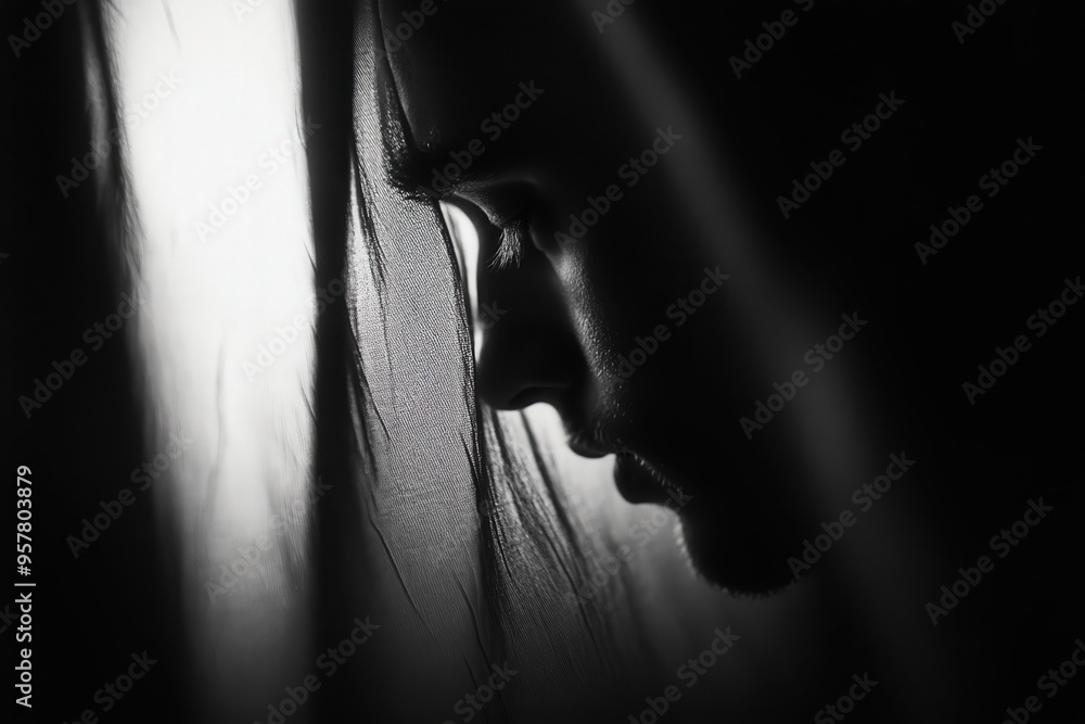 Poster a close-up silhouette of a person captured in soft light, conveying emotion and introspection throug