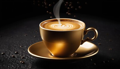 Fototapeta premium Aerial View of Coffee Pouring into a Luxe Cup on Black Canvas