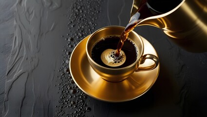 Coffee Flowing into a Golden Cup from Above with Minimalist Contrast