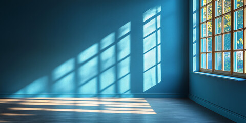 Obraz premium Sunlight streams through a window, casting long shadows on a blue wall and hardwood floor.