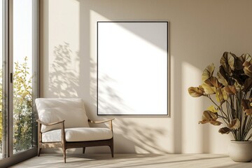 Poster Frame in Beige minimalist living room interior created with generative AI