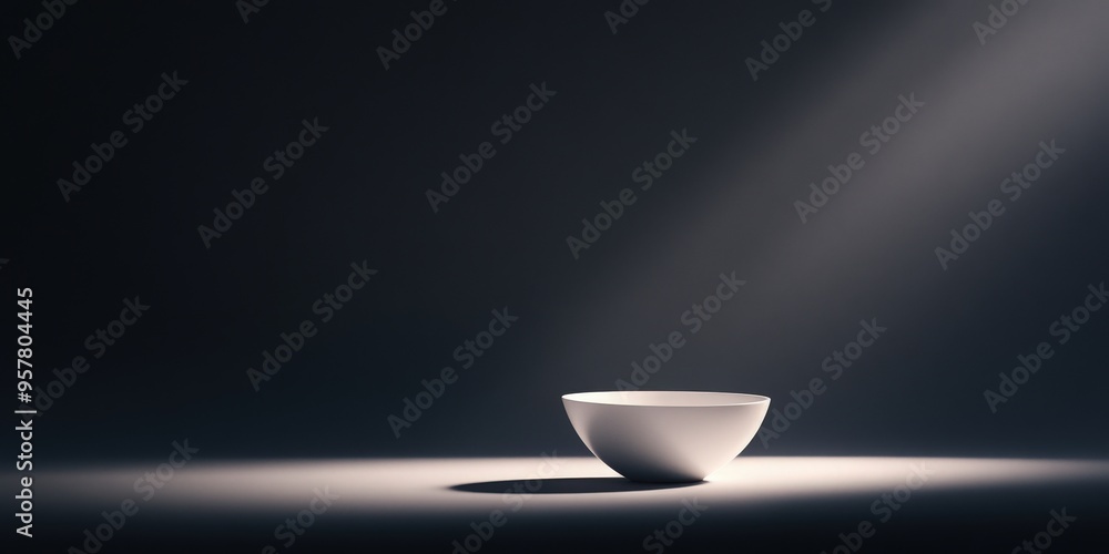 Poster a minimalist white bowl illuminated by soft light, casting subtle shadows in a dark space, creating 