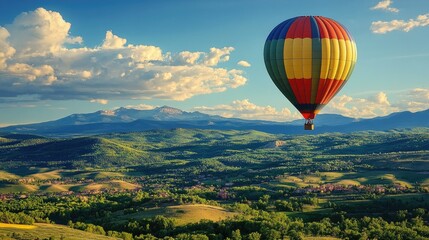 Naklejka premium A single, brightly colored balloon flying over a scenic countryside landscape, capturing the freedom and beauty of outdoor adventure.