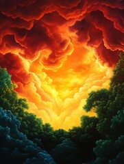 A mesmerizing sunset view with dramatic clouds, vibrant colors, and lush foliage creating a serene atmosphere.