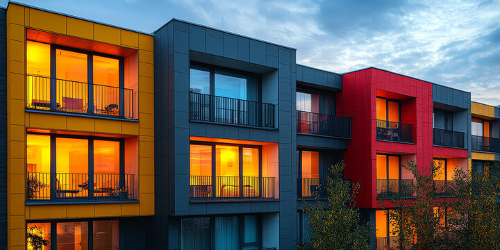 A modern apartment building with bright, colorful facades and warm, inviting windows.