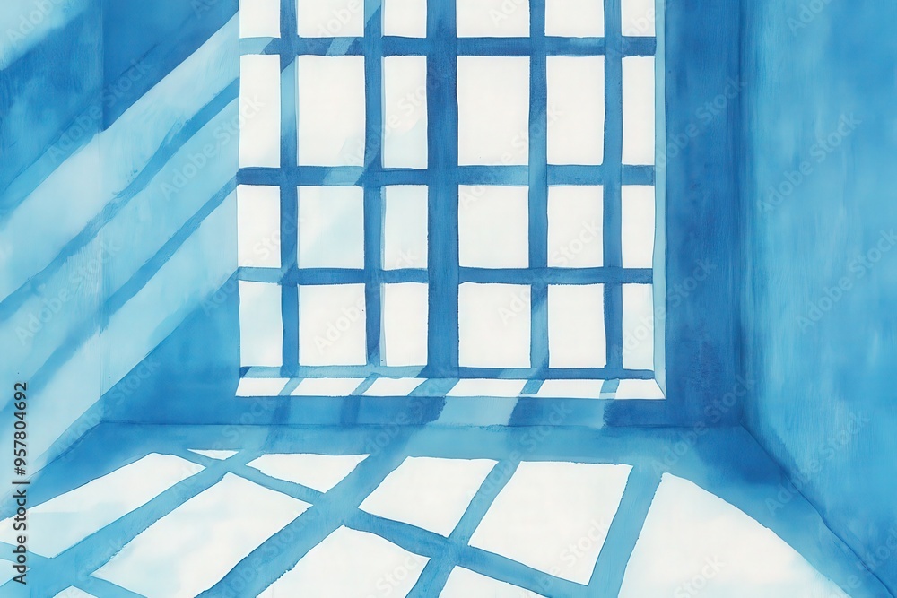Poster a serene blue interior with dramatic shadows created by sunlight filtering through a grid-patterned 