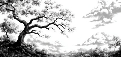 A serene black and white landscape featuring a solitary tree against a dramatic sky, perfect for artistic and nature themes.