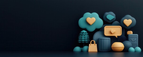 Social media integration with e-commerce shopping, engaging product shares and likes, 3D illustration
