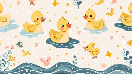 Yellow Ducklings Swimming in Blue Water with Floral Patterns