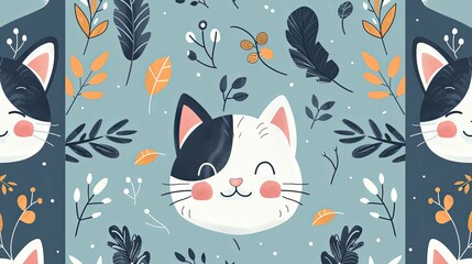 Smiling Cat Face Surrounded by Blue and Orange Floral Pattern