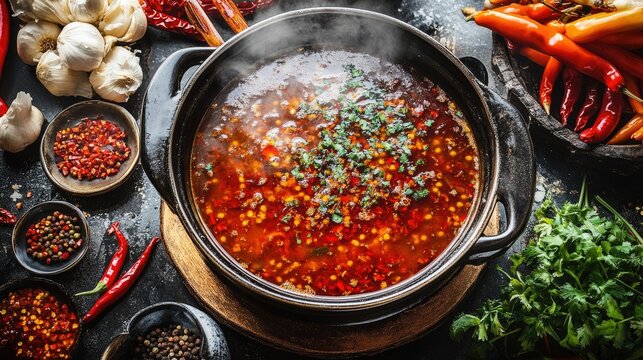 A steaming hot pot with a rich, spicy broth base filled with chili peppers, garlic, and Sichuan peppercorns, surrounded by an array of fresh ingredients ready to be cooked