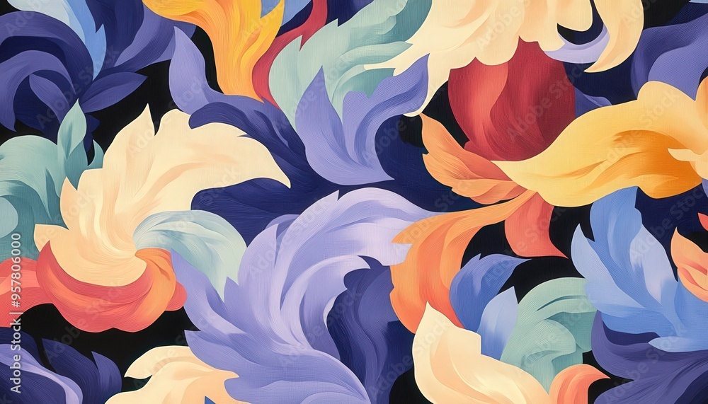 Poster a vibrant abstract pattern featuring flowing shapes in various hues, perfect for backgrounds or arti