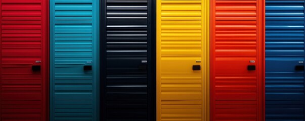 A vibrant array of colorful doors arranged side by side, showcasing a spectrum of hues from bright red to deep blue.
