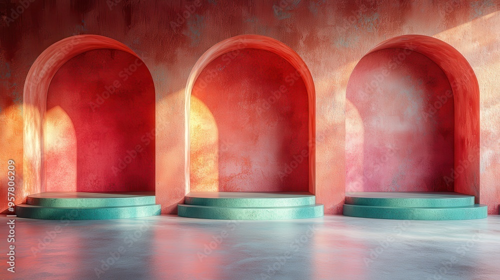Poster 3d render of an abstract architectural background featuring a terracotta wall with empty arch niches