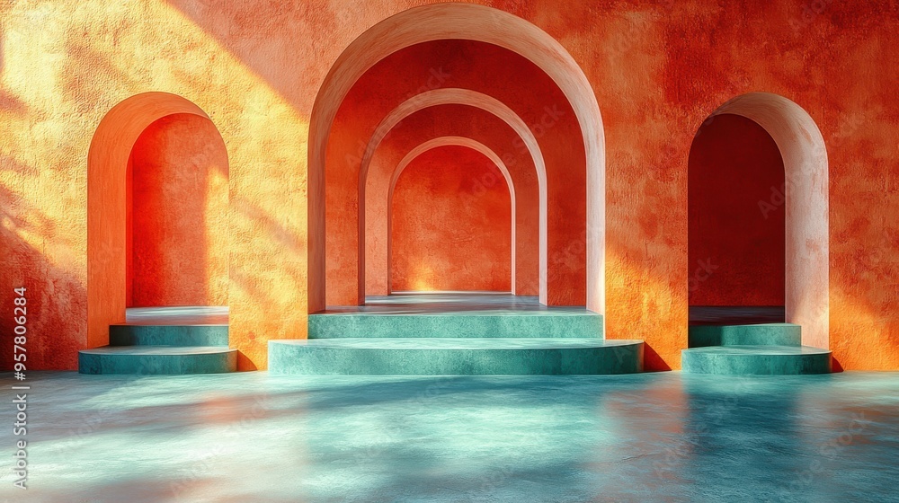 Poster 3d render of an abstract architectural background featuring a terracotta wall with empty arch niches