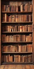 A vintage wooden bookshelf filled with numerous old books, showcasing various bindings and colors, perfect for literary themes.