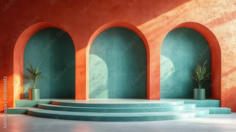 Poster 3d render of an abstract architectural background featuring a terracotta wall with empty arch niches