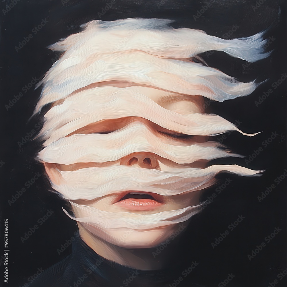 Poster abstract portrait featuring ethereal layers, exploring themes of identity, emotion, and perception t