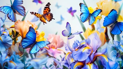 07240954 73. A stunning composition of colorful butterflies and elegant irises, with open space above for adding copy, ideal for nature, travel, and art lovers