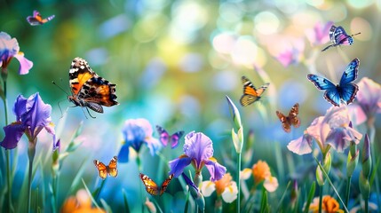 07240954 75. A captivating scene of butterflies and irises in their natural habitat, with generous space for text, tailored for those who appreciate nature, travel, and art © Sinechana