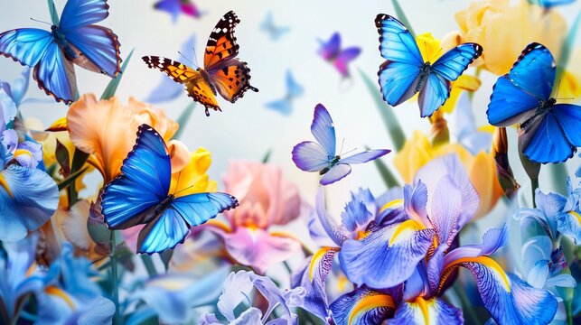 Fototapeta 07240954 73. A stunning composition of colorful butterflies and elegant irises, with open space above for adding copy, ideal for nature, travel, and art lovers