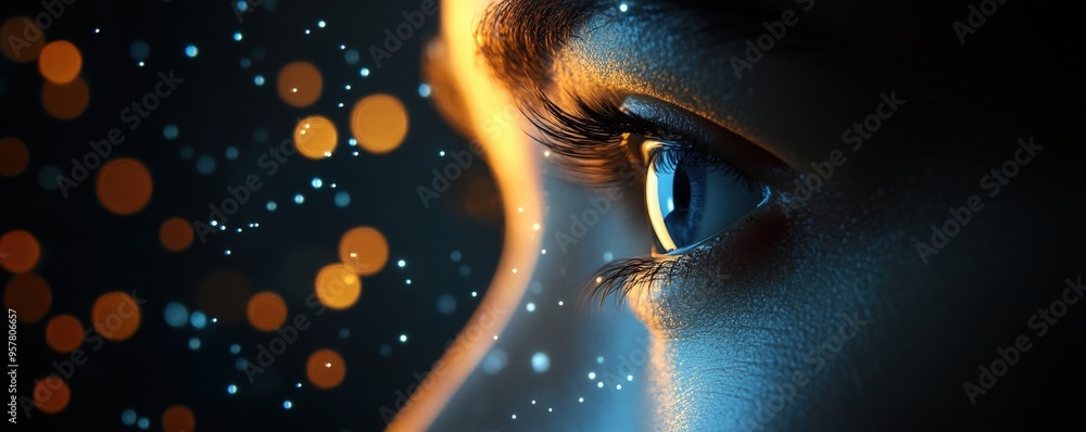 Poster close-up of a human eye with vibrant colors and sparkling effects, illustrating emotion and depth in