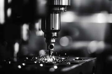 Close-up of a precision CNC machine cutting metal, showcasing intricate details and sparkling metal shavings in a dramatic black and white setting.