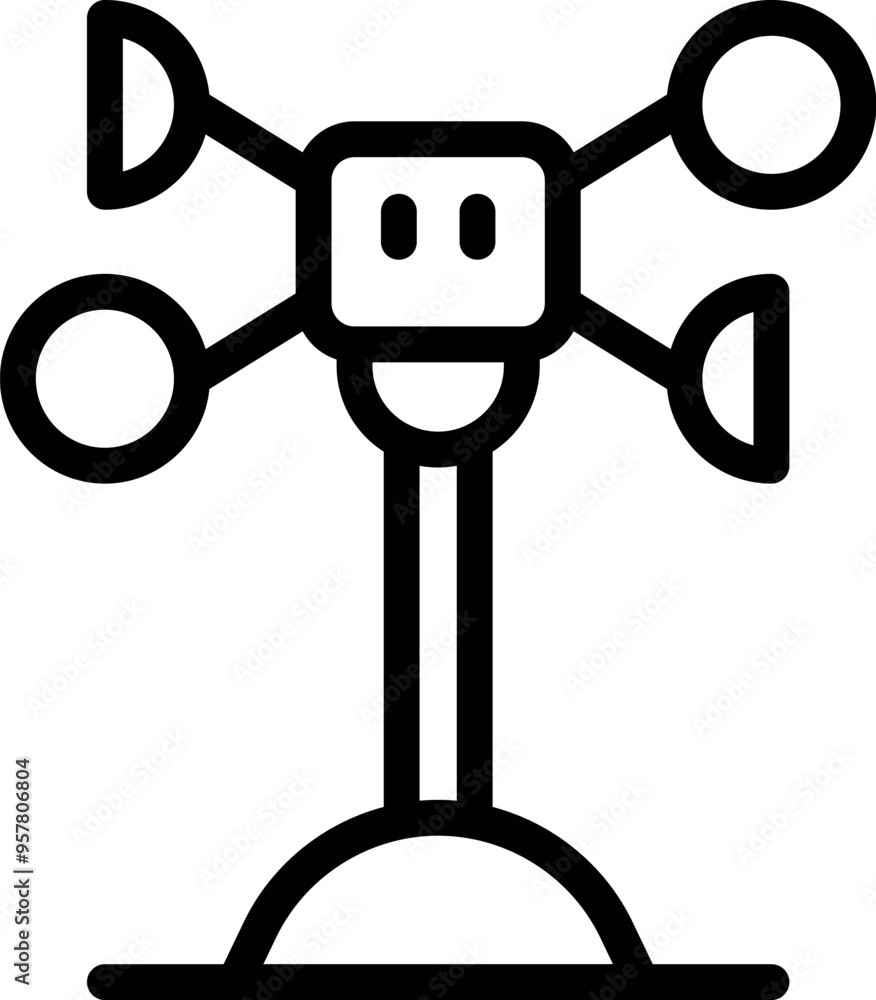 Poster simple bold outline icon of an anemometer measuring wind speed and direction, isolated on a white ba