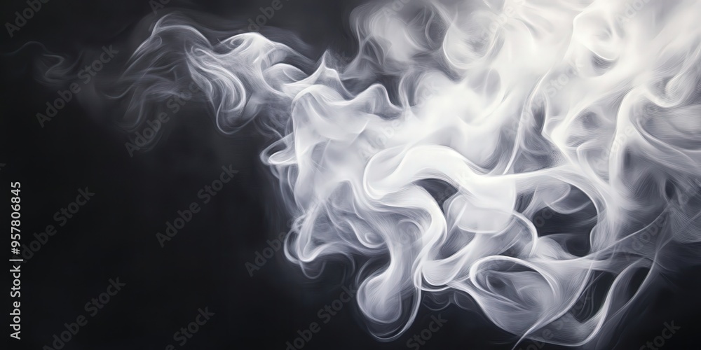 Poster elegant white smoke curls against a dark background, creating a mystical and abstract visual effect 