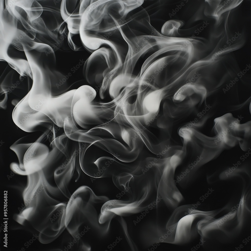 Poster ethereal smoke swirling gracefully against a dark backdrop, creating an abstract and mysterious visu