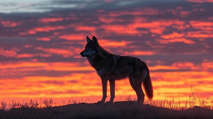 Wolf Silhouette at Sunset with Dramatic Sky