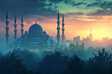 Fototapeta premium Beautiful mosque with moon light, ramadan kareem realistic background concept